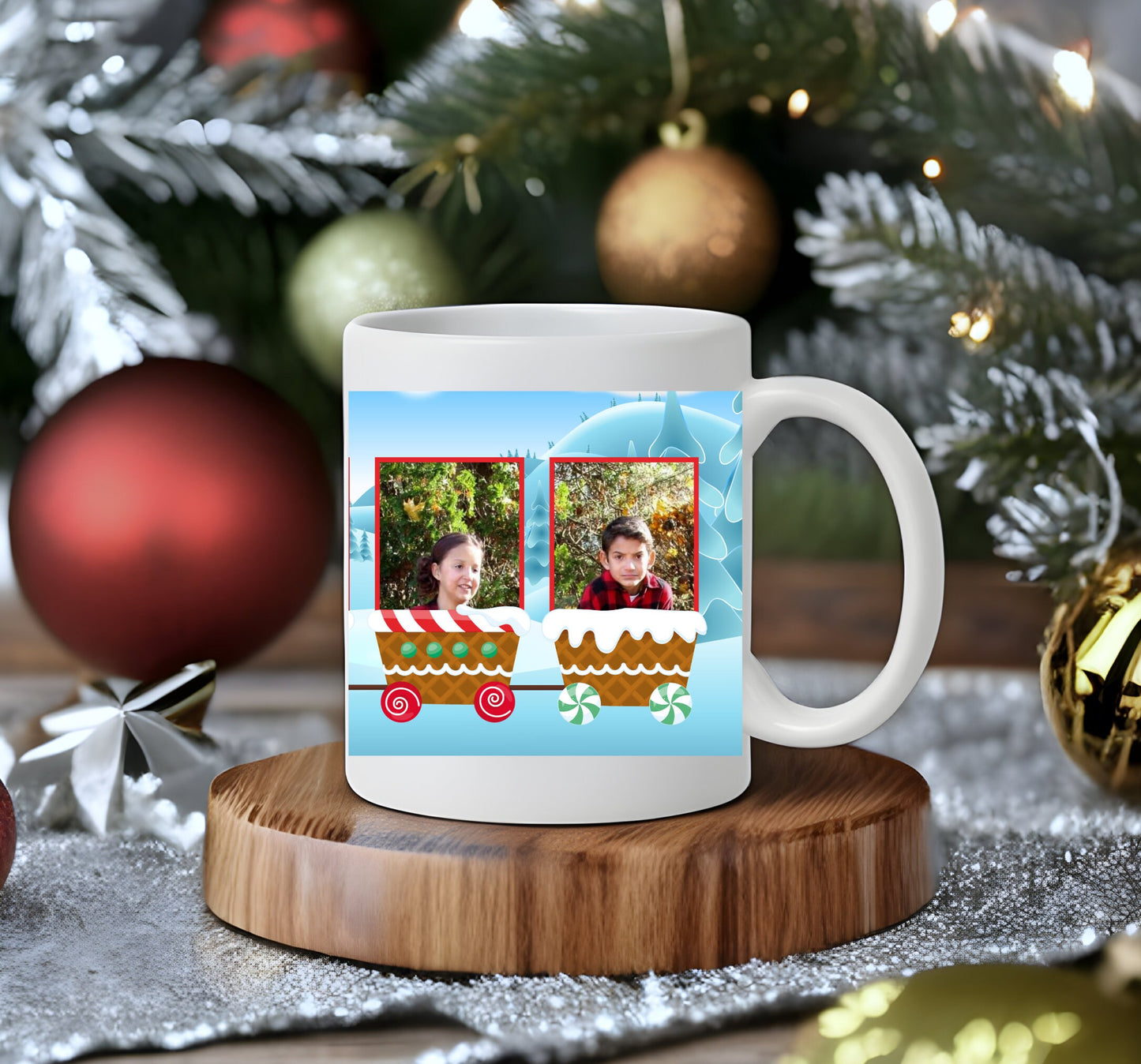 Gingerbread Train Coffee Cup with spots to add photos