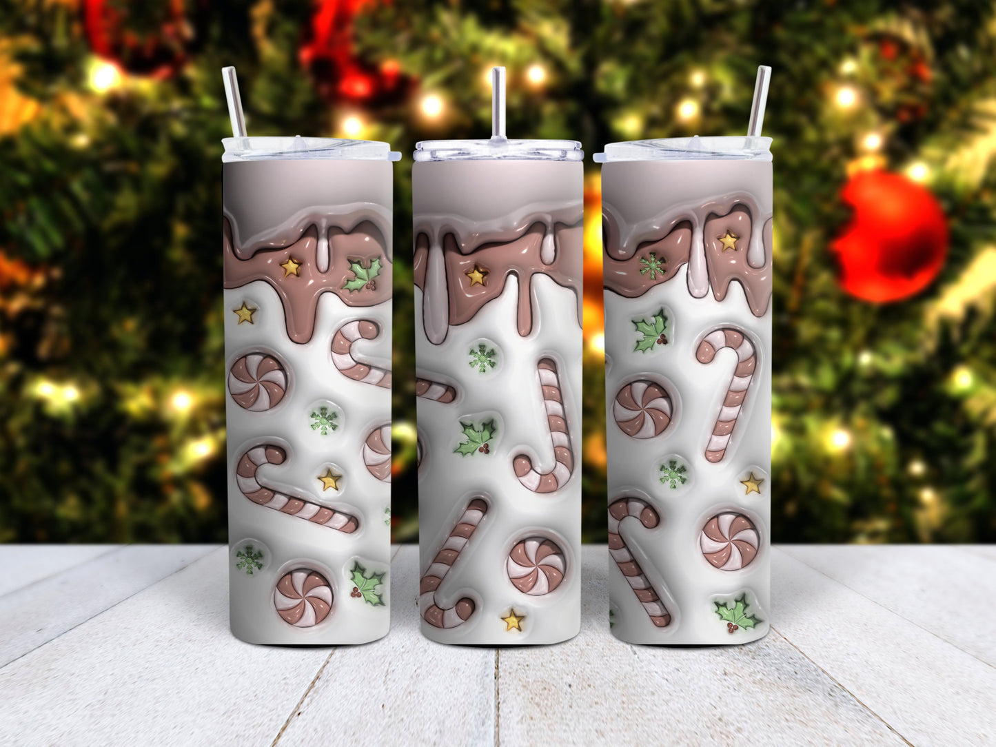 Inflated 3D tumbler designs in multiple colors with dripping sides and candy canes