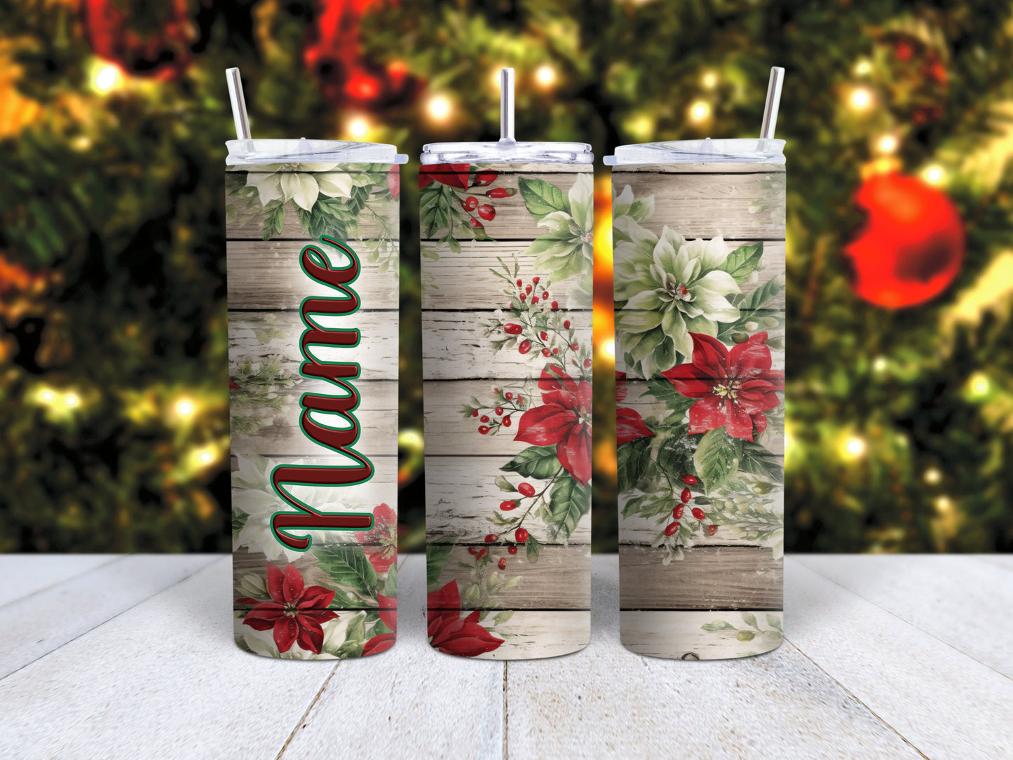 Poinsettia and wood tumbler available in multiple sizes and finishes