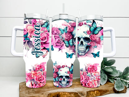 roses, skull, and butterfly 40 ounce tumbler with handle