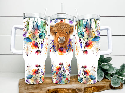 Highland cow with watercolor wild flowers on 40 ounce tumbler with handle and option to personalize
