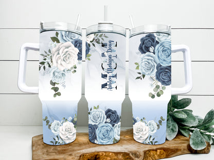40 ounce mom/ mama tumbler in blue and white with floral design option to personalize with childrens names