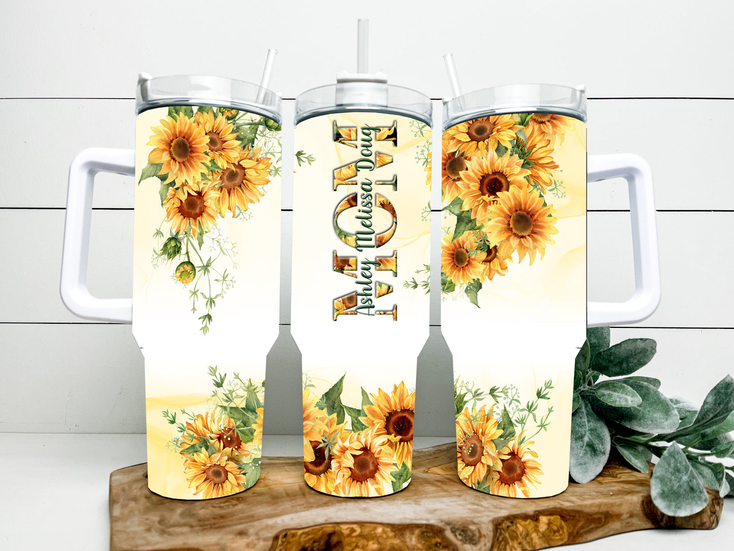 40 ounce mom/mama tumbler in pink, purple or sunflower floral design with the option to add kids names