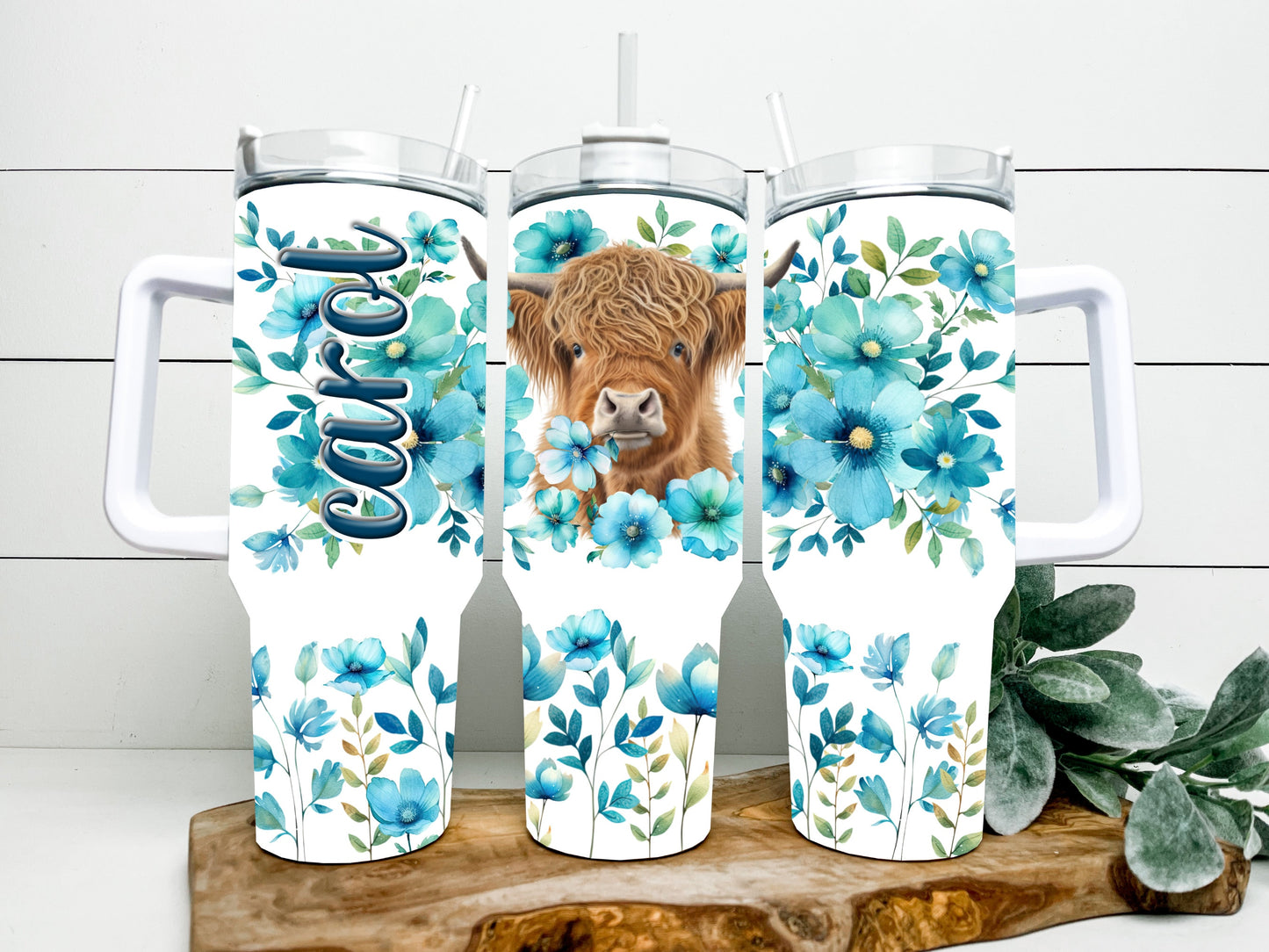 turquoise highland cow floral 40 ounce tumbler w/ option to add name