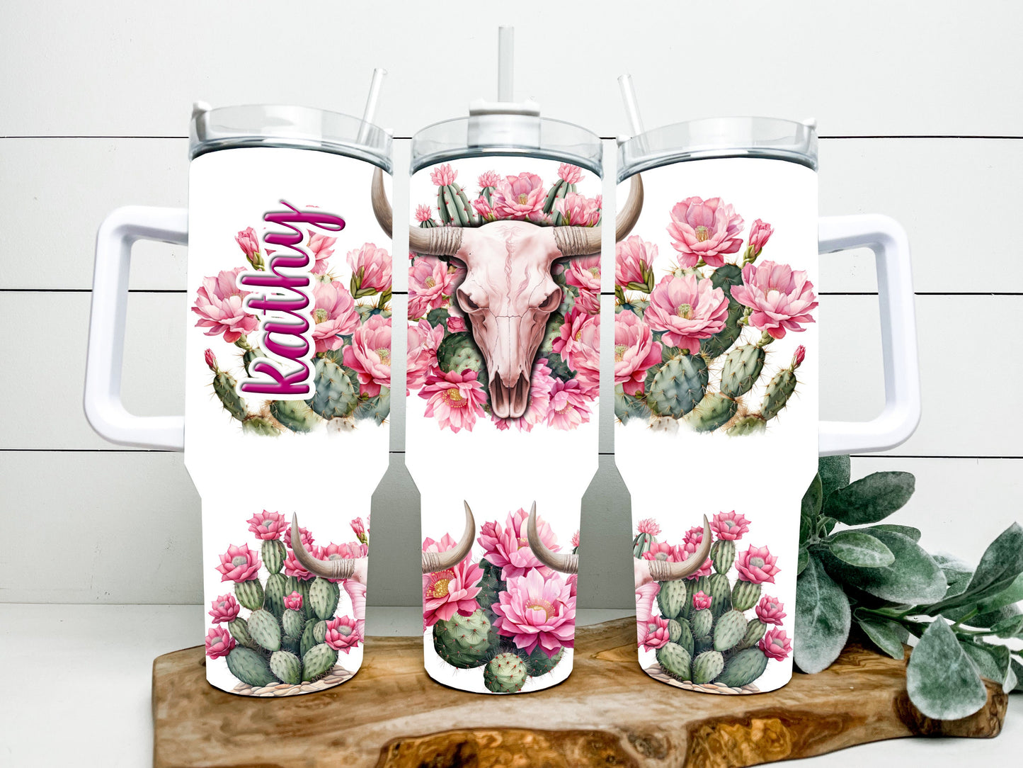 Western style pink flower, cactus, skull 40 ounce tumbler